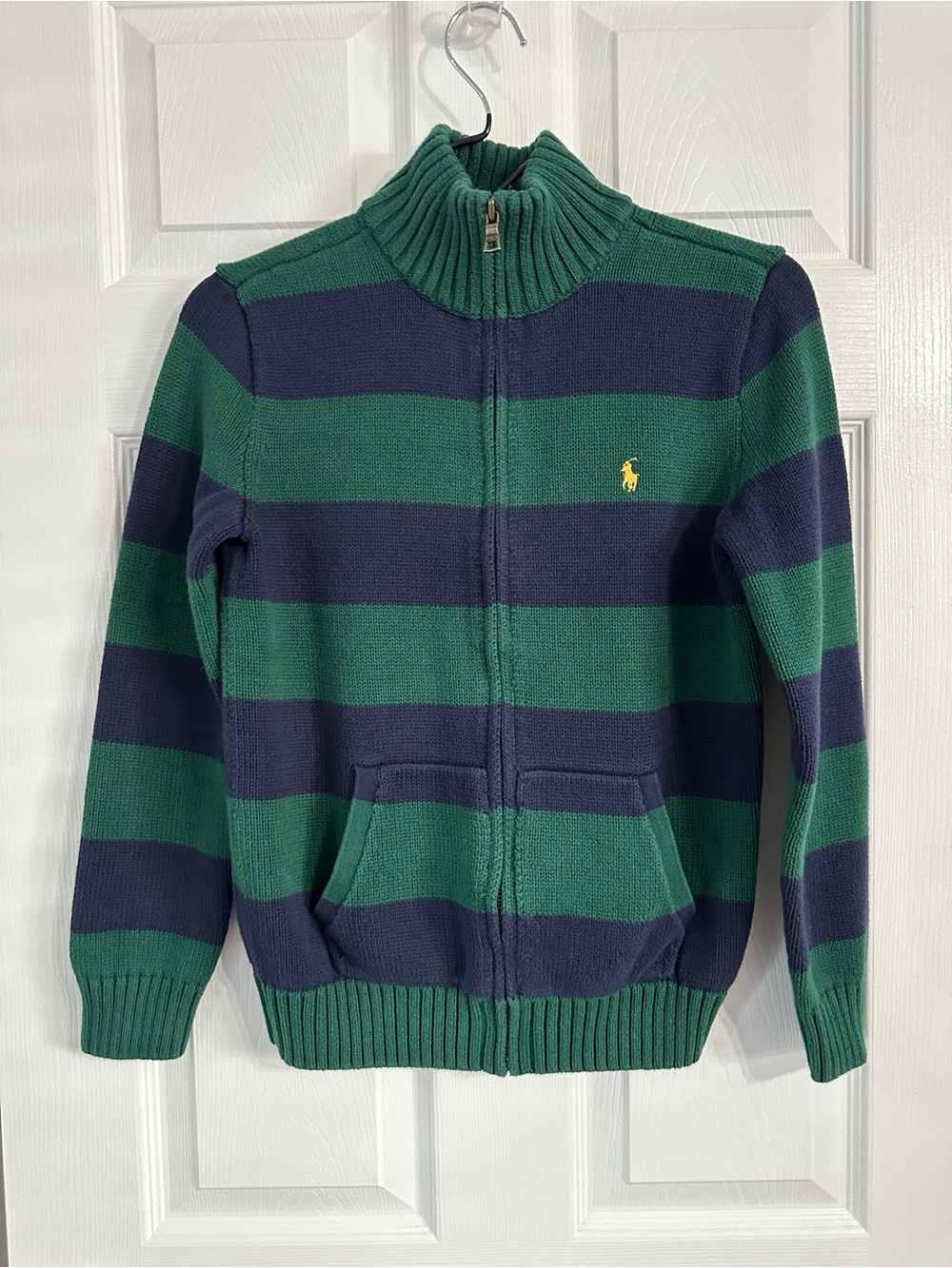 Ralph Lauren Green & Navy Horizontal Stripe Zip-Up Sweater Boy’s Size L 14/16